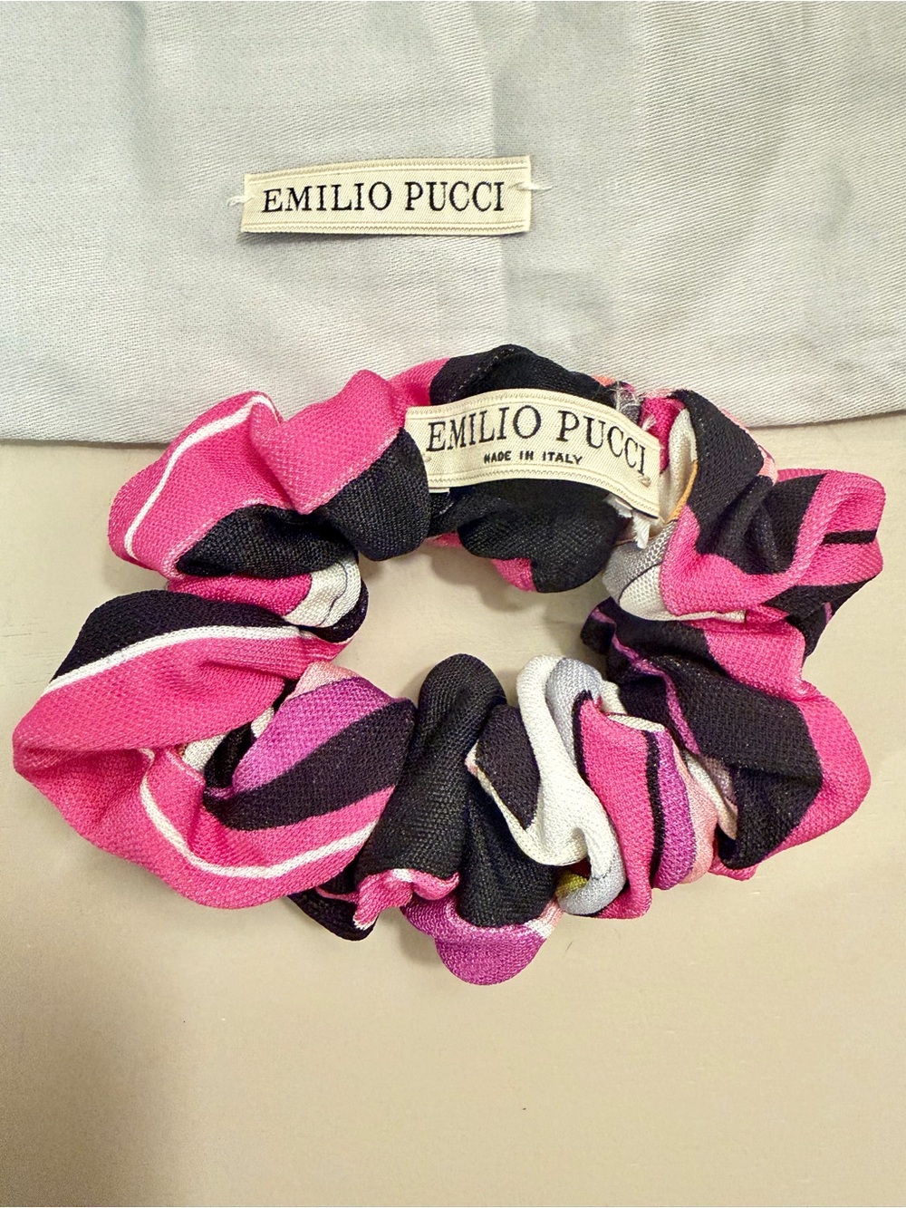 Emilio Pucci Pink, Black & White Patterned Silk Scrunchie